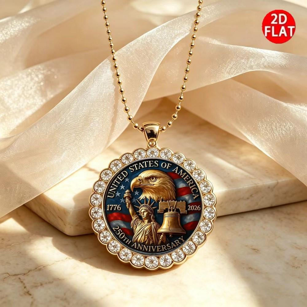 Gold-Edged Rhinestone American Flag & Statue of Liberty Necklace