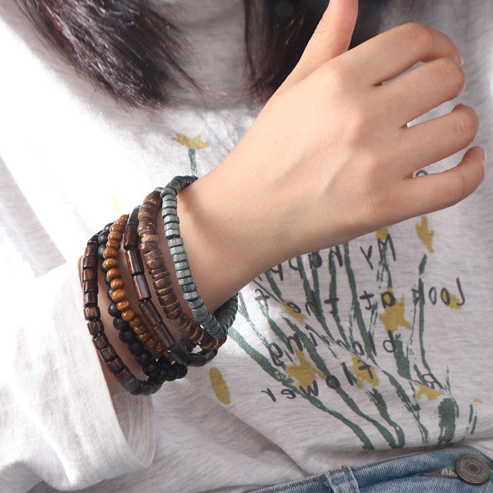 5pcs/set Punk Natural Wood Bracelet New Design Men's Bangle Vintage Wood Beaded Bracelet  Gift