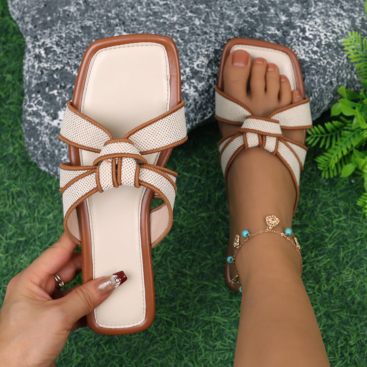 

2025 Новая женская обувь Квадратный носок Крест Плоские Летние сандалии Простые шлепанцы Женская обувь Тапочки 36 коричневый