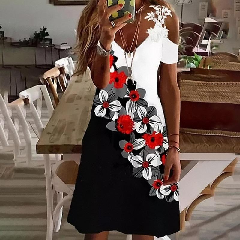 Vestido de Verano con Hombros Descubiertos de Encaje y Manga Corta Nuevo Estampado Holgado Casual Vestidos de Fiesta Moda Femenina Elegante Línea A Talla Grande Ropa Dulce
