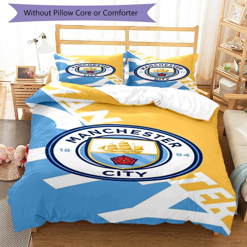 3pcs Manchester City Bedding Set Duvet Cover Closure Includes 1 Duvet Cover & 2 Pillowcases, Soft and Comfortable for All Seasons.