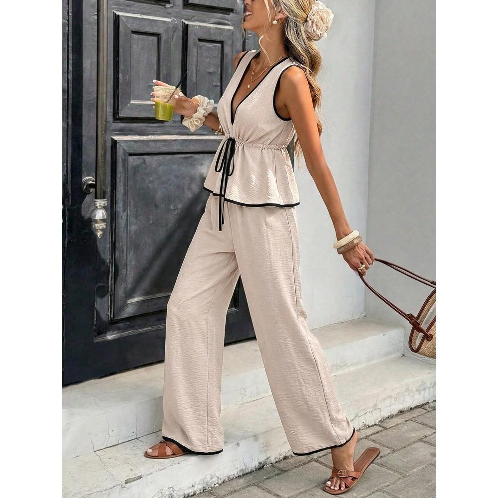 Ensemble 2 pièces élégant : Haut rayé sans manches à encolure en V et Pantalon large taille haute, Tenue décontractée d'été pour les vacances