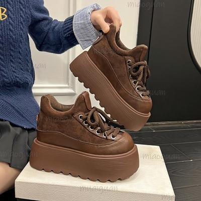 Women's Suede Platform Sneakers Thick Sole Wedges Round Toe Lace-Up Casual Sneakers Non-Slip Retro Comfortable Daily Wear Shoes