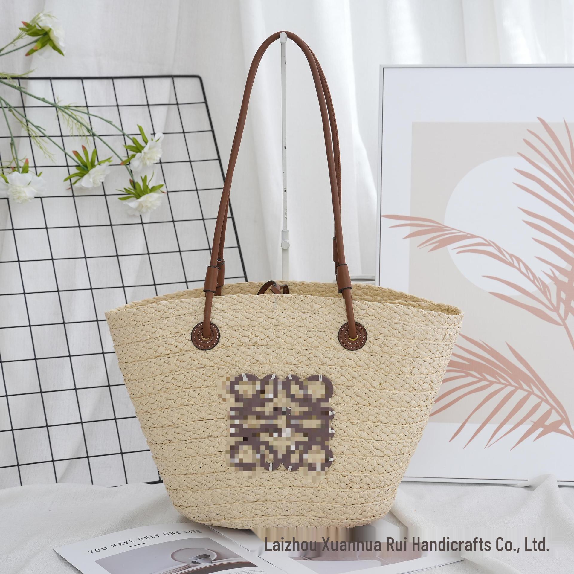 Французская сумка-тоут из рафии Roger 2025 | Вместительная, ручной работы, повседневная плетеная сумка через плечо для отпуска 27cm Height, 52cm Top Width, 40x18cm Bottom