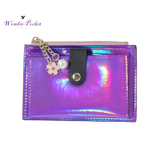 Damplånbok Faux Pearl Flower Charm Iriserande Bärbar Bi-fold Multi-fack Kreditkortshållare Dragkedja Smal