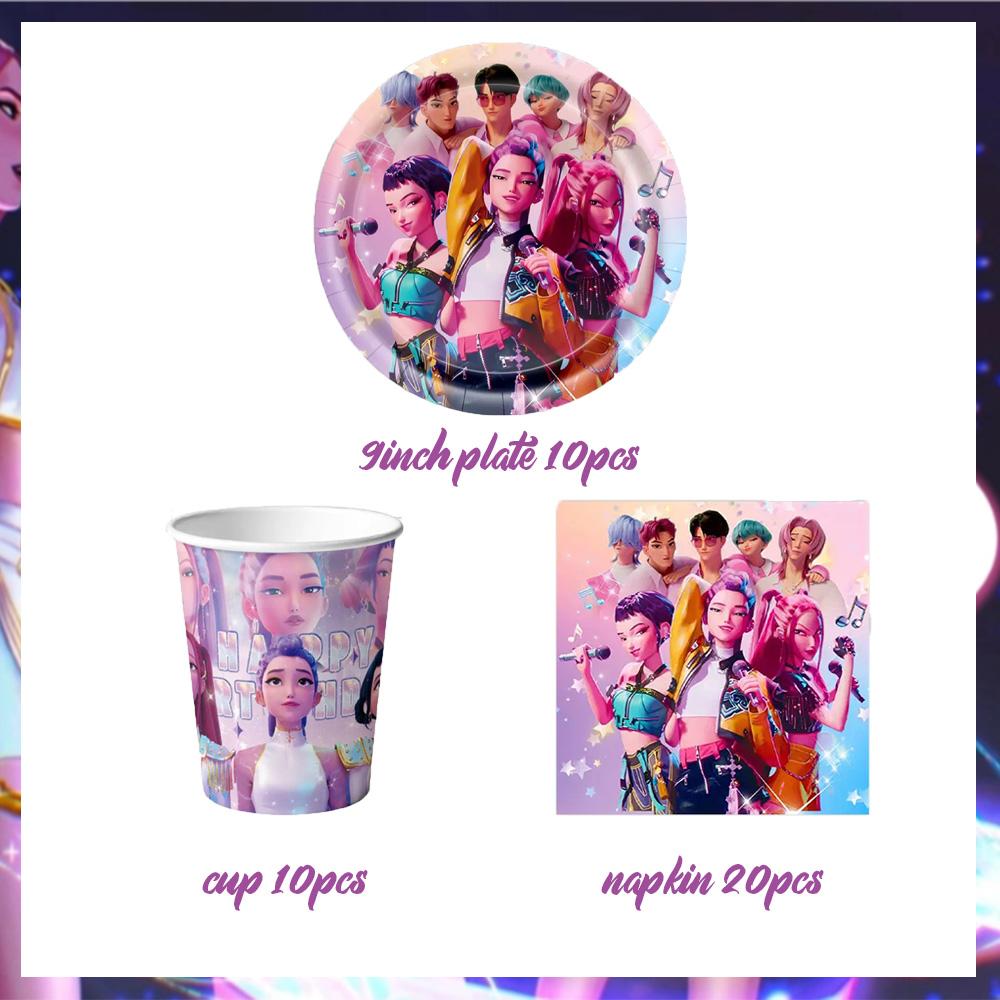 KPop Girl Dämonenjäger Geburtstagsparty Dekorationen Lila Einweg-Geschirr Anime Rosa Ballons Hintergrundbanner Kuchenaufsätze