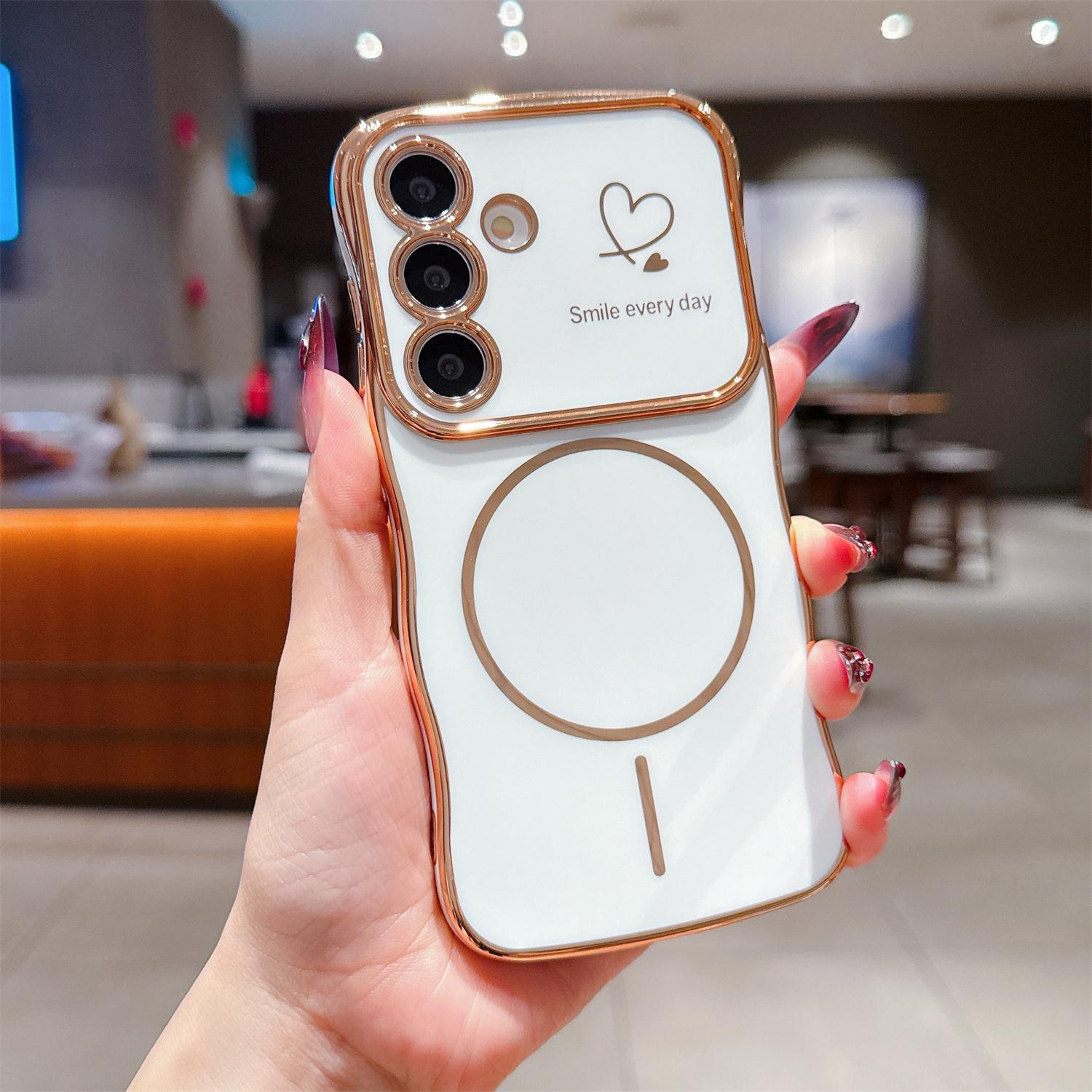 

For Samsung Galaxy S24 FE Magnetic Case Electroplating Wave Edge TPU Phone Cover Heart Pattern Ivory White