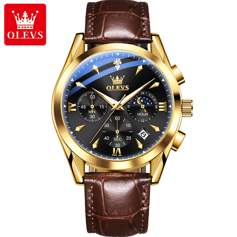 OLEVS 3609 Luxury Leather Quartz Mens Wristwatches Original Moon Phase Chronograph Waterproof Luminous Watch for Men Reloj Mujer