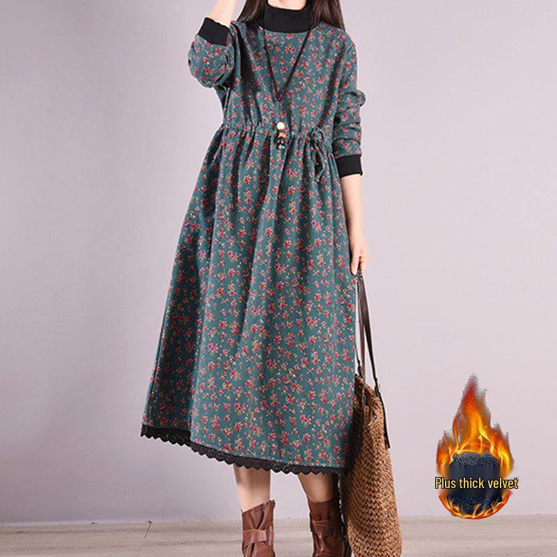 

Jijia Retro-Inspired Fleece-Lined A-Line Dress with Waist-Cinching Floral Cotton Linen Design M [Recommended for 80-115 jin] зелёный