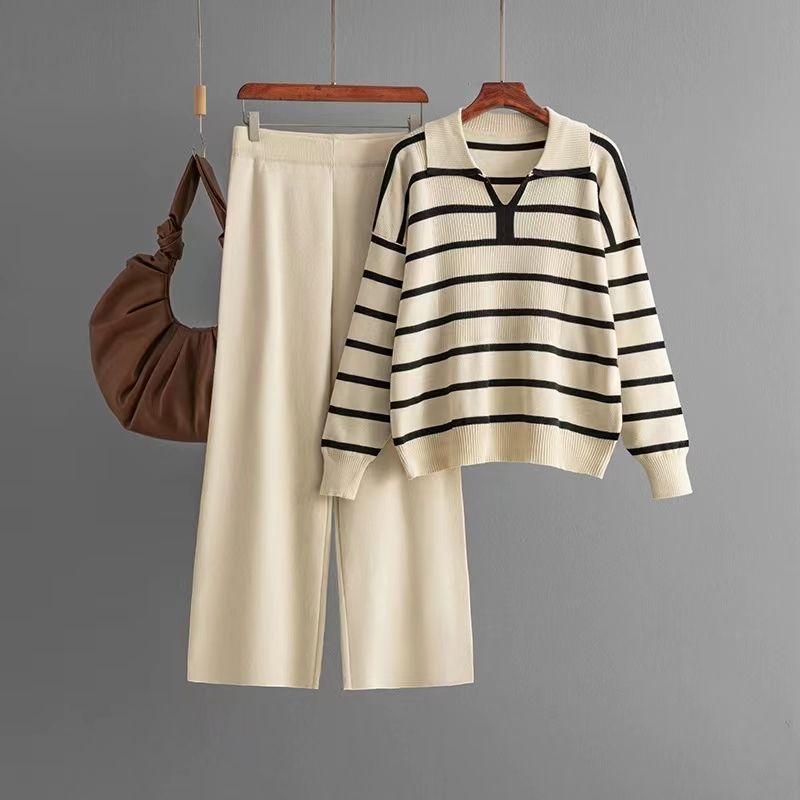 

Western Style Contrast Color Stripe V-neck Knitted Top Wide Leg Pants Set Knited Top and Pants Set Apricot All yards