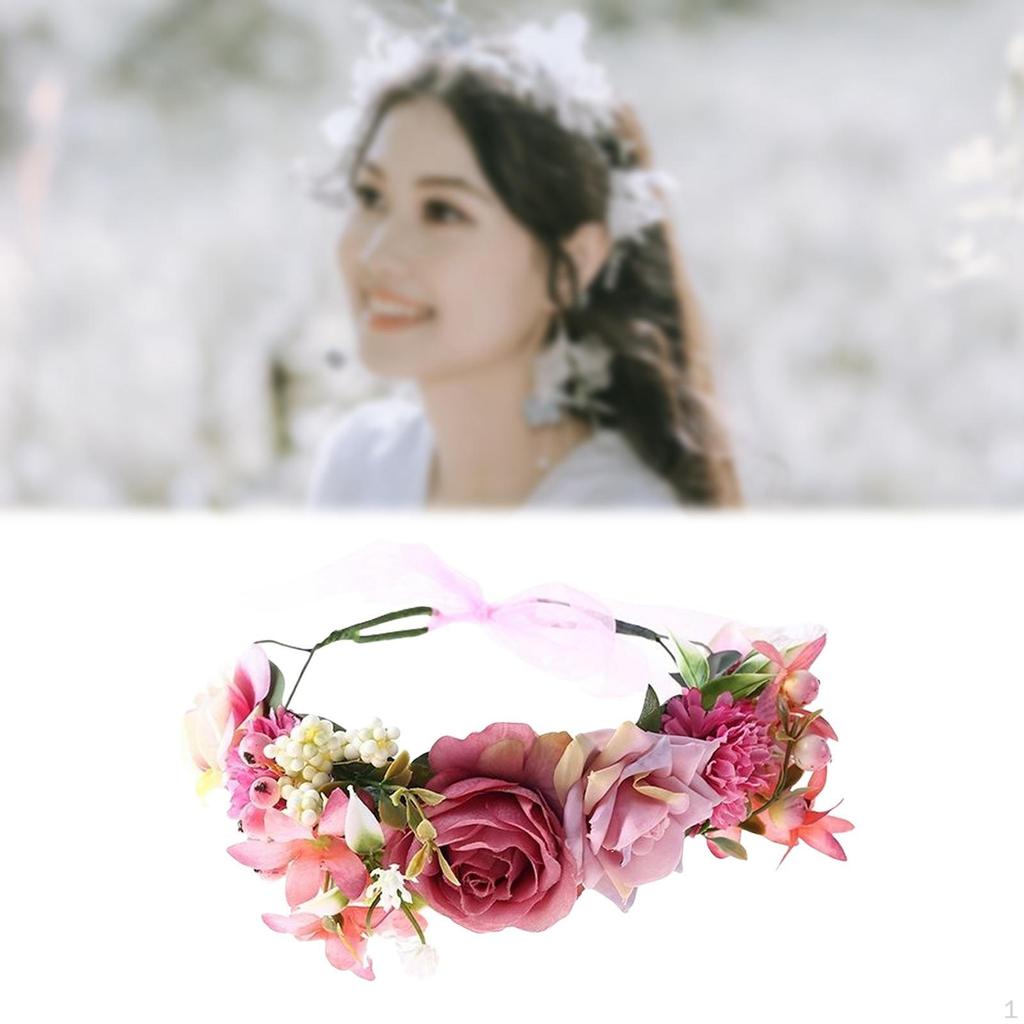 Flower Headband, Floral Wreath with Adjustable Ribbon Hairband, Bride , Headdress for Weddings