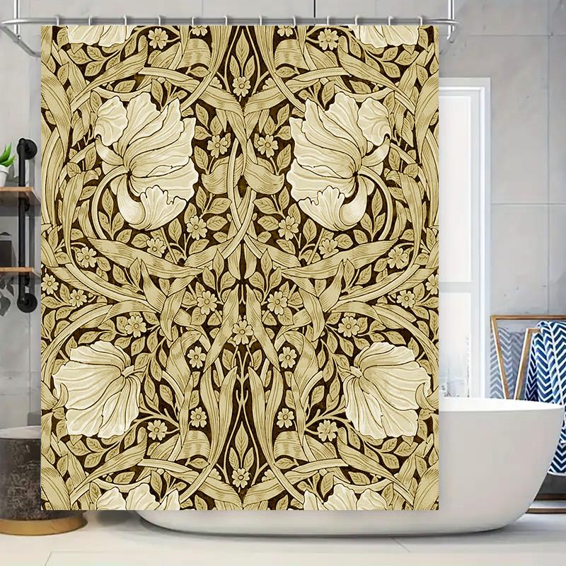 

Vintage Floral Decor Shower Curtain Brown White Art Deco Style Pattern Home Decor Bathroom Accessory in Yellow Gold Bath Curtain 90x180cm