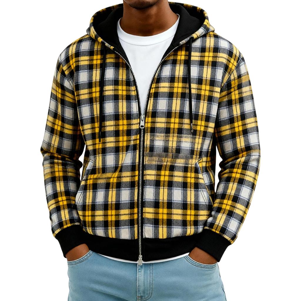 Felpa con cappuccio da uomo reversibile patchwork a quadri con zip per autunno e inverno