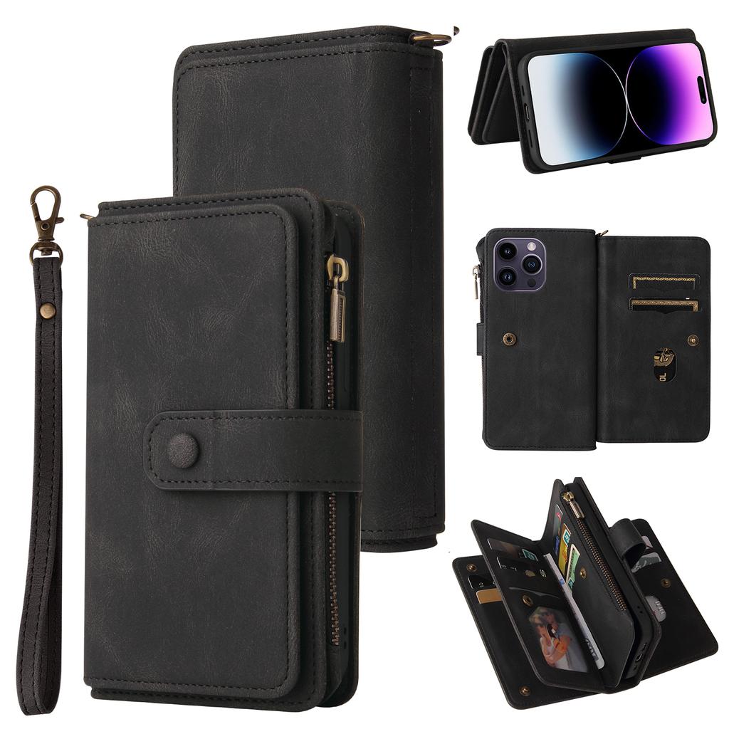 For iPhone 15 Pro Max Zipper Wallet Case with 15 Card Slots and Strap Leather Phone Cover