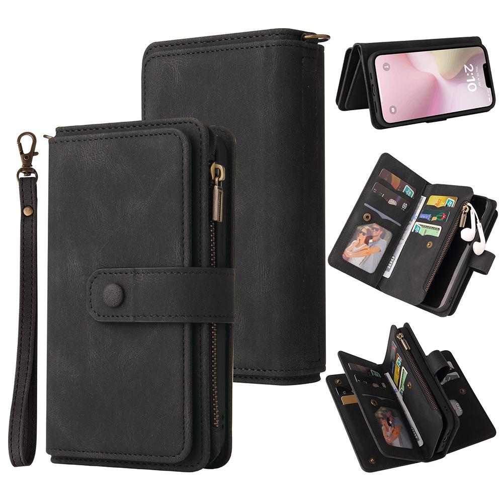 For iPhone 16e Zipper Wallet Case with 15 Card Slots and Strap Leather Phone Cover