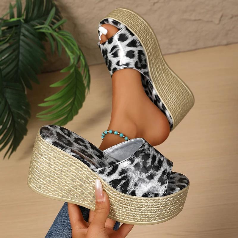

Fashion Leopard Print Thick Bottom Wedge Sandals for Women Fashion Chunky Platform Slippers Woman Summer Peep Toe Non Slip Beach Slides 36 белый