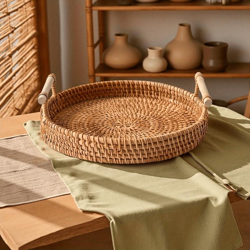 Handmade Rattan Round Tray with Double Handles -Perfect for Serving Tea, Fruits, Bread & Snacks,Ideal for Kitchen & Dining Decor
