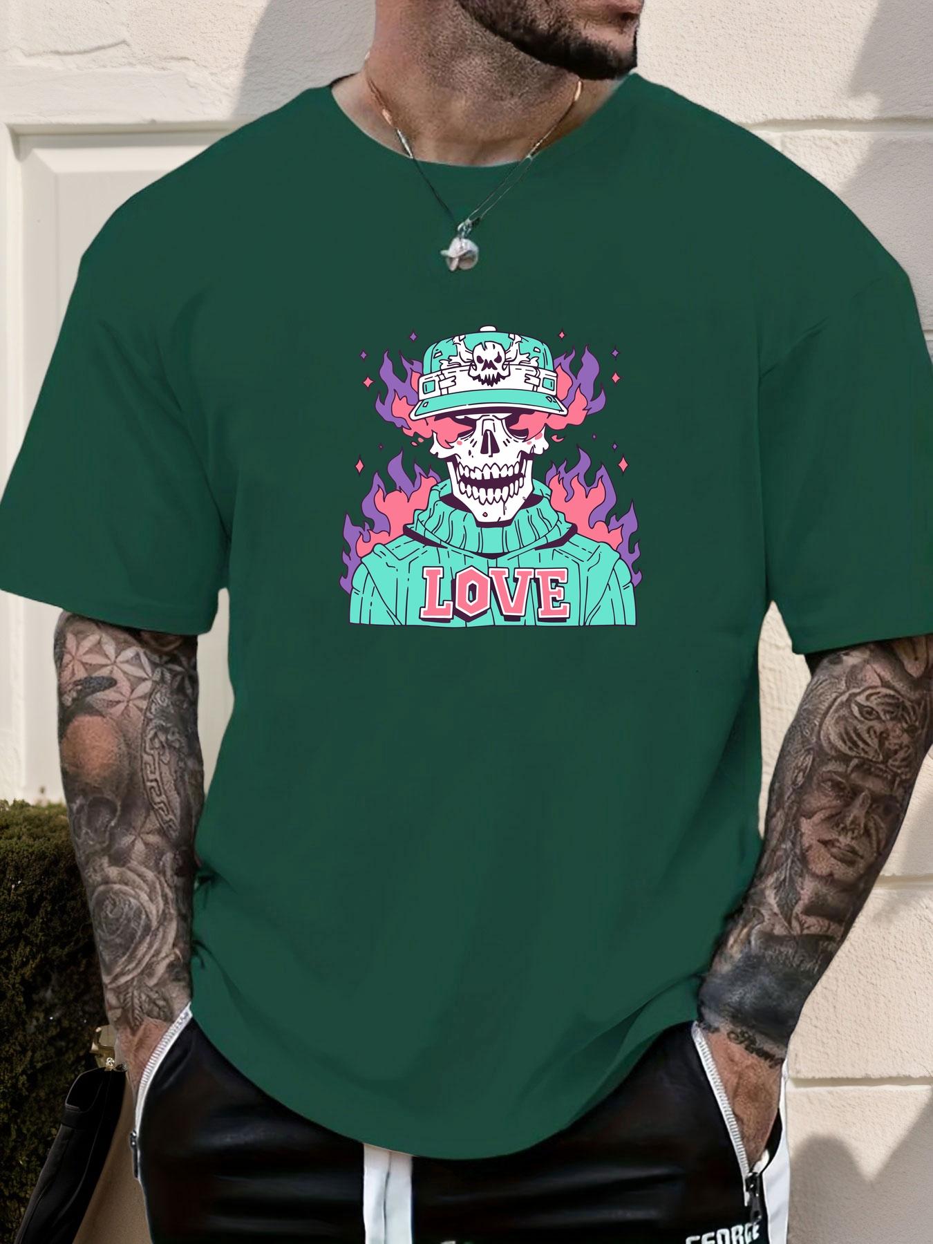 Mens Casual Tshirt Skull Love Flame Print Short Sleeve Round Neck Breathable Soft Oversized Edgy Daily Wear Tee 4XL