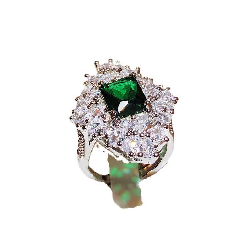 Luxury Full Diamond Princess Square Ring Emerald Simulation Open Ring Female Tourmaline Copper