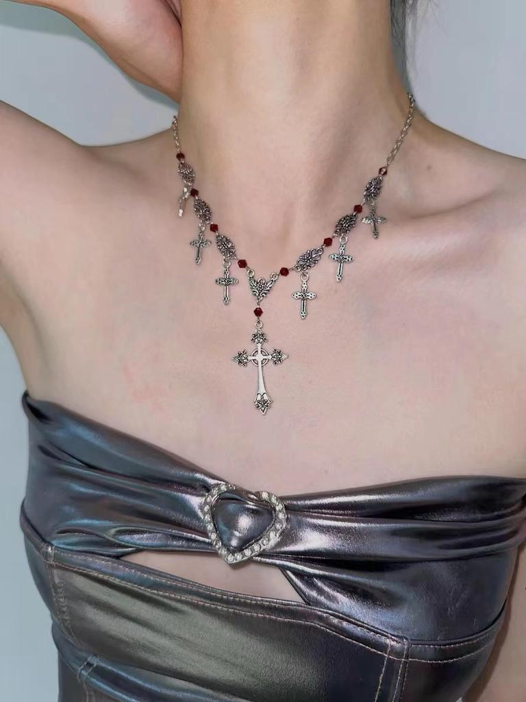 Hip-hop Personality Sliver Color Cross Tassel Pendant Red Crystal Beads Necklace for Women Punk Gothic Halloween Jewelry Gift