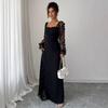 Women's Elegant Square Neck Bubble Long Sleeve Mesh Insert Jacquard Maxi Dress 3D Slimming A-Line Swing Long Dress