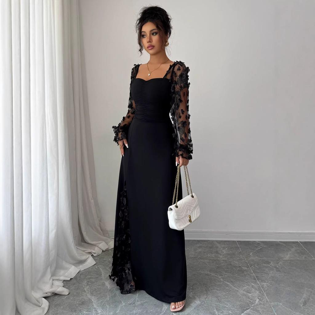 Women's Elegant Square Neck Bubble Long Sleeve Mesh Insert Jacquard Maxi Dress 3D Slimming A-Line Swing Long Dress