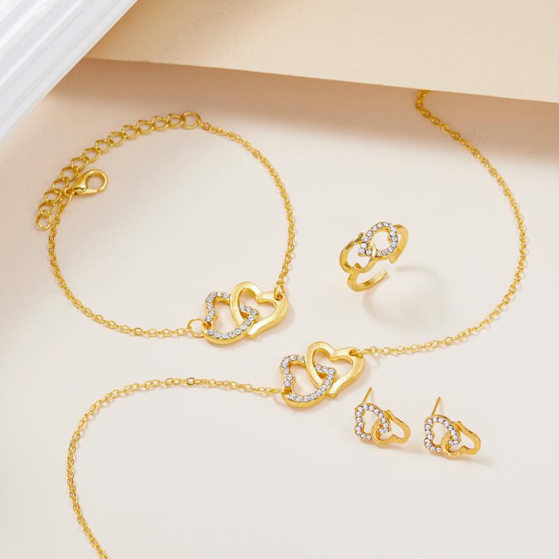 New Fashion Hollow Double Love Heart Pendant Necklace, Bracelet, Ring, Earrings Ladies Exquisite Sparkling Jewelry Set S/set