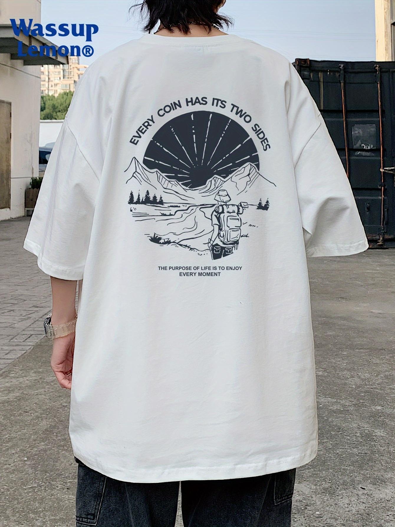 Casual crew neck shortsleeved Tshirt landscape painting front and rear printing young mens summer shoulder top S