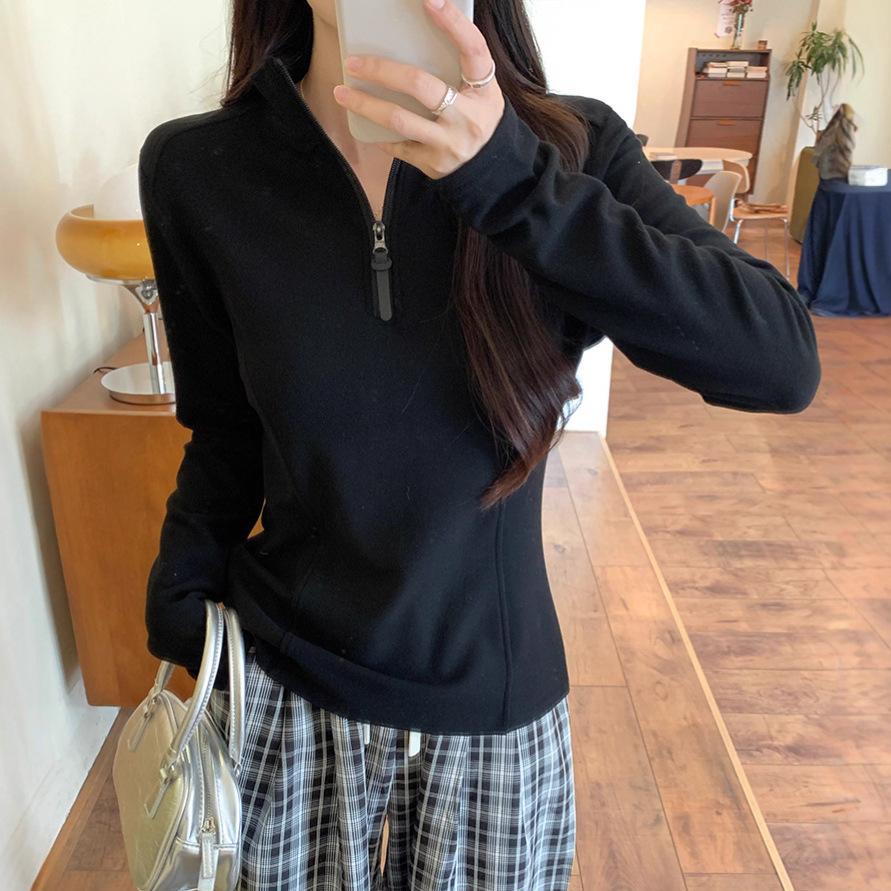 

{Threaded German velvet 280g} Long-sleeved T-shirt women s autumn thin slim-fit black bottoming shirt zipper stand-up collar top XL чорний