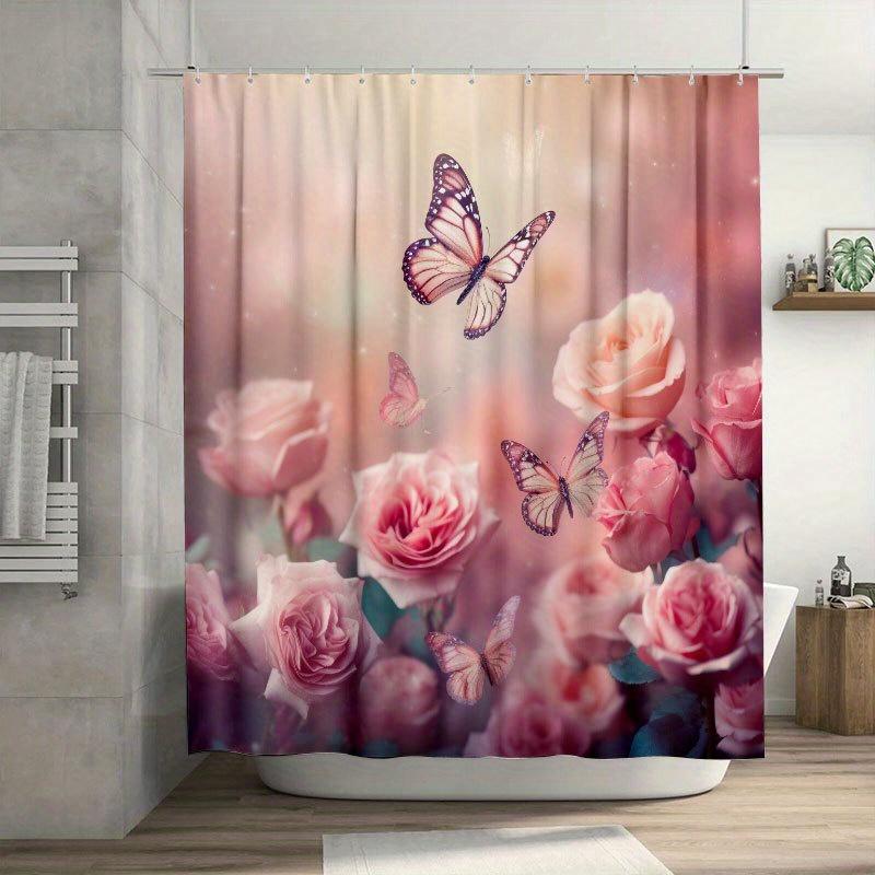 1PC Spring Easter Shower Curtain, Pink Roses & Butterflies, Durable Polyester, Easy Clean, for Bathroom & Window Decor
