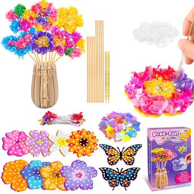 1 Set Poke Art Flower Bouquet Kit with Butterfly Wooden Vase Handmade Flower Making Toy Toddlers Floral Bouquet Arts Crafts Activities Toy