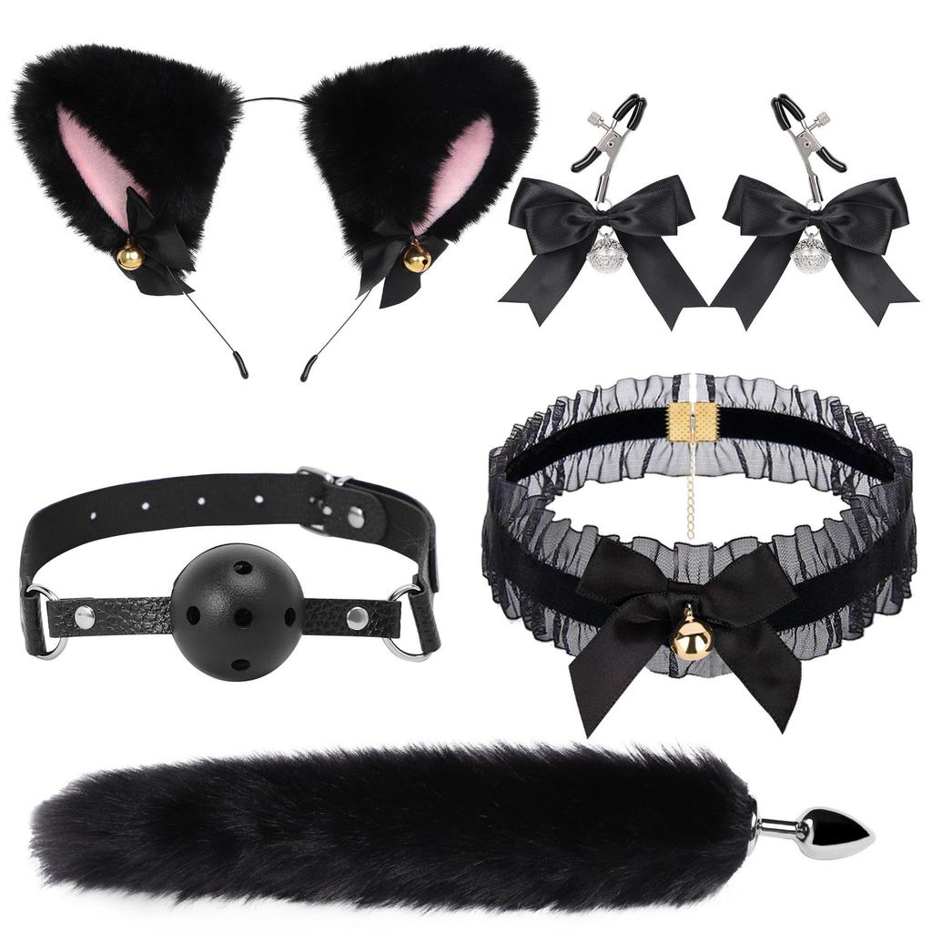 SM Fox Tail Three-Piece Set: Anal Plug, Collar & Nipple Clamps - Adult Toys for Women