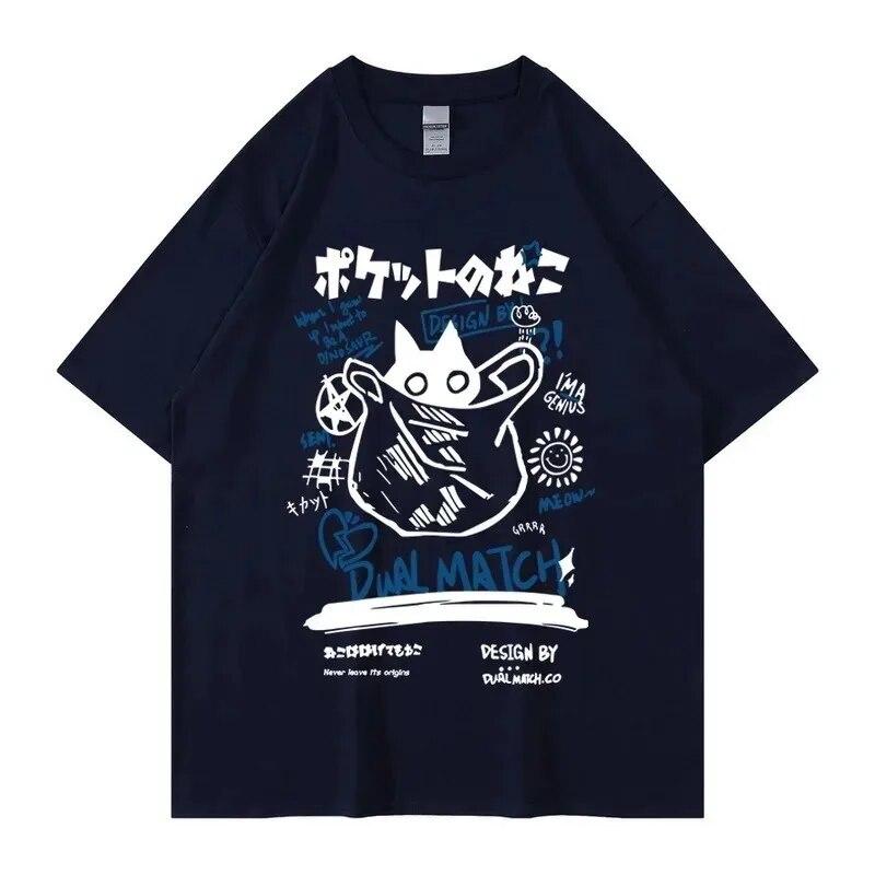 Unisex Women Cotton T-Shirt Japanese Kanji Funny Cat Printed T Shirt Harajuku Casual Short Sleeve Tshirt Streetwear Trend Tee Tops