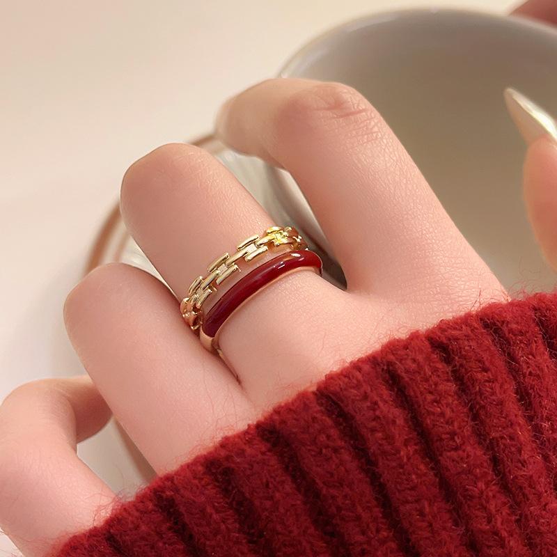 Francuski Podwójny Łańcuszek Pierścionek Ankara Czerwony Kropla Oleju Pierścionek na Palec Wskazujący Stylowa i Prosta Biżuteria