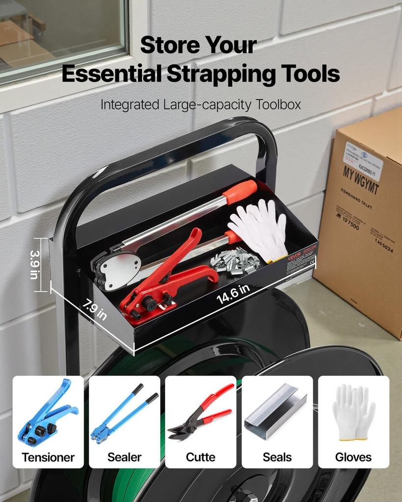 Banding Strapping Cart, Fit for PET/PP/Polyester Strapping Coils with 20.3/40.6 Cm Core Size, Heavy Duty Strapping Dispenser Equipped with Upgrade
