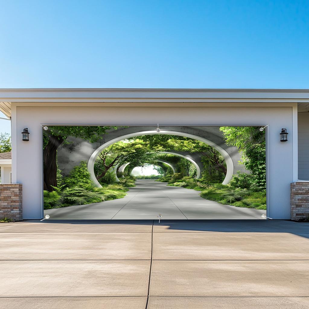 A large decorative backdrop for an arched garage door surrounded by green trees