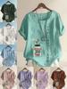 Women's Fashion Floral Alphabet Print Round Neck Short Sleeve T-shirt Summer Casual Cotton Linen Graphic Shirt Leisure Loose Blouse Tops