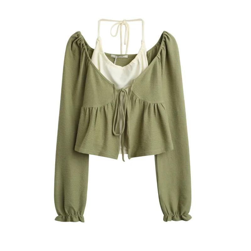 

Pure Desire с коротким висячим вырезом, майка, длинный рукав, кардиган на шнуровке, комплект из 2 предметов, женская зеленая футболка, тонкий маленький размер, корейская мода XL зелёный