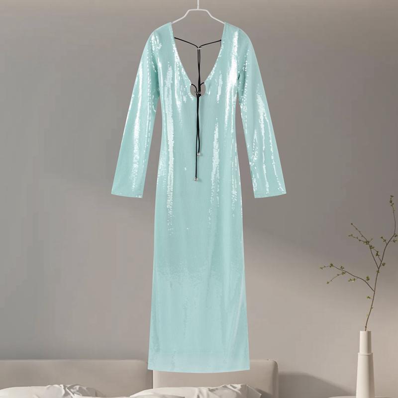 Дамское женское сексуальное длинное сетчатое платье с пайетками и разрезом по талии — фото 14