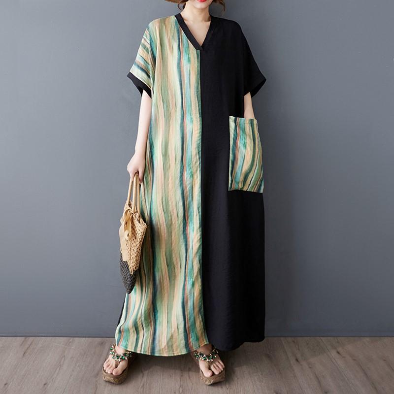 Short Sleeve Plus Size Cotton Vintage Patchwork New In Dresses for Women Casual Loose Maxi Long Summer Dress