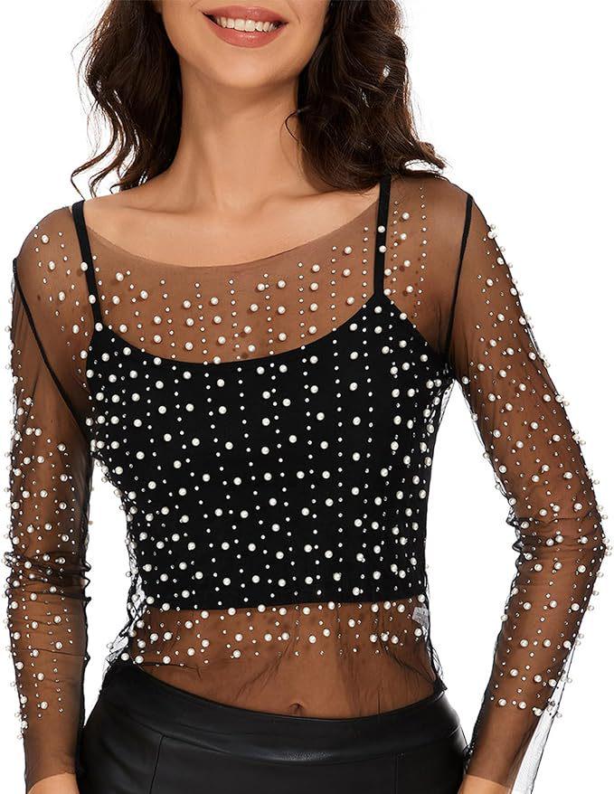 Top Trasparente in Rete con Perline a Maniche Lunghe da Donna