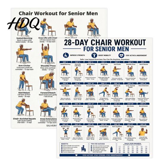 Arthritis Friendly Exercises 2 Pcs 28 Day Chair Workout Poster for Senior Men Gentle Seated Exercise Elderly Rehabilitation Program Guide,