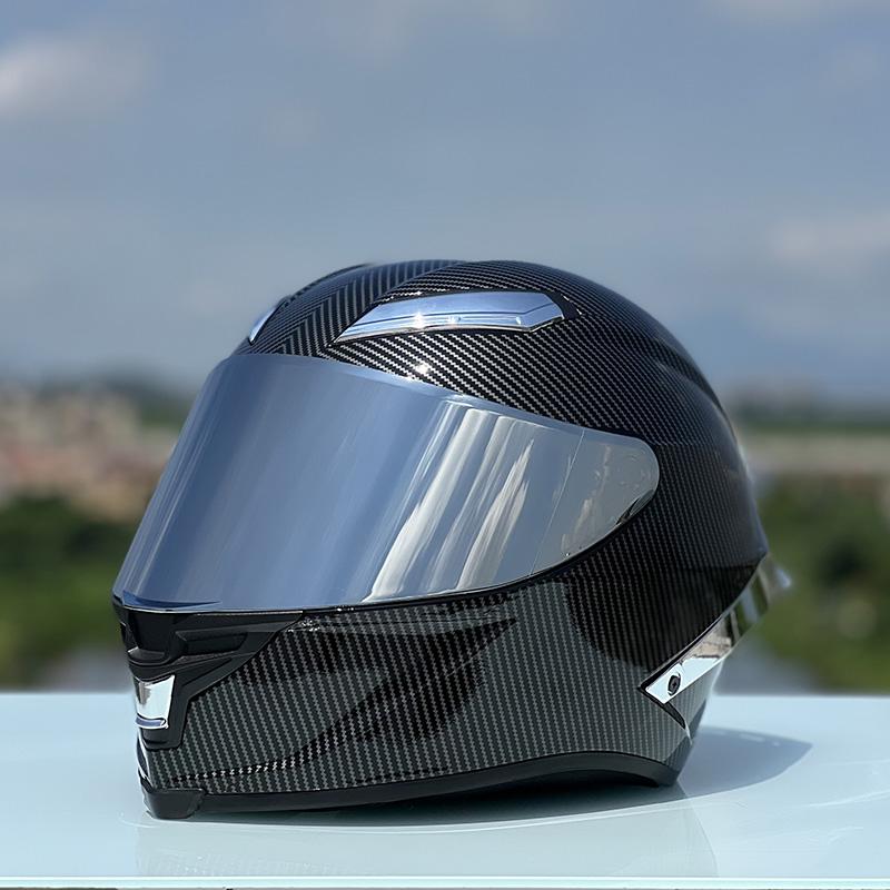 Casca Moto Față Completă Spoiler Mare Unisex Cască Casco Moto Capac Argintiu Fibră de Carbon Cască Cu Vizieră Argintie