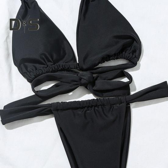 2Pcs/Set Women Bikini Set Halter Padded Wireless Bikini Bra High Waist Swimming Briefs Set Split Design Solid Color Swimsuit