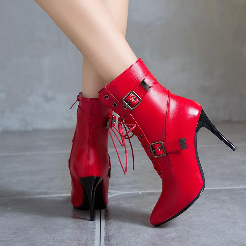 Autumn Winter 2025 Mid-Calf Boots Women Pointed Toe Super High and Thin Heel Shoes Buckle Cross-Tied Decorate Size 3~19 Footwear