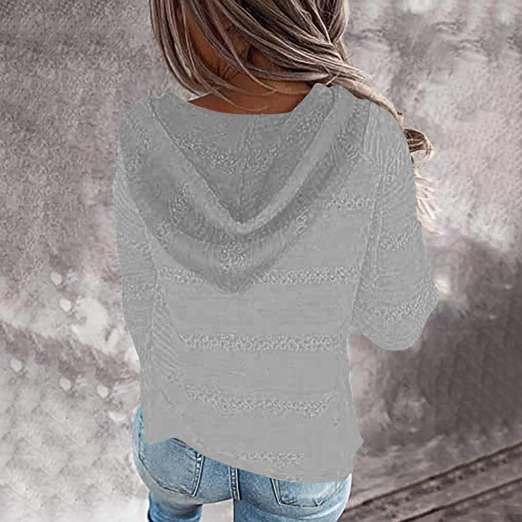 Fashion Women Casual Solid V-Neck Long Sleeves Hooded Sweater Blouse Tops