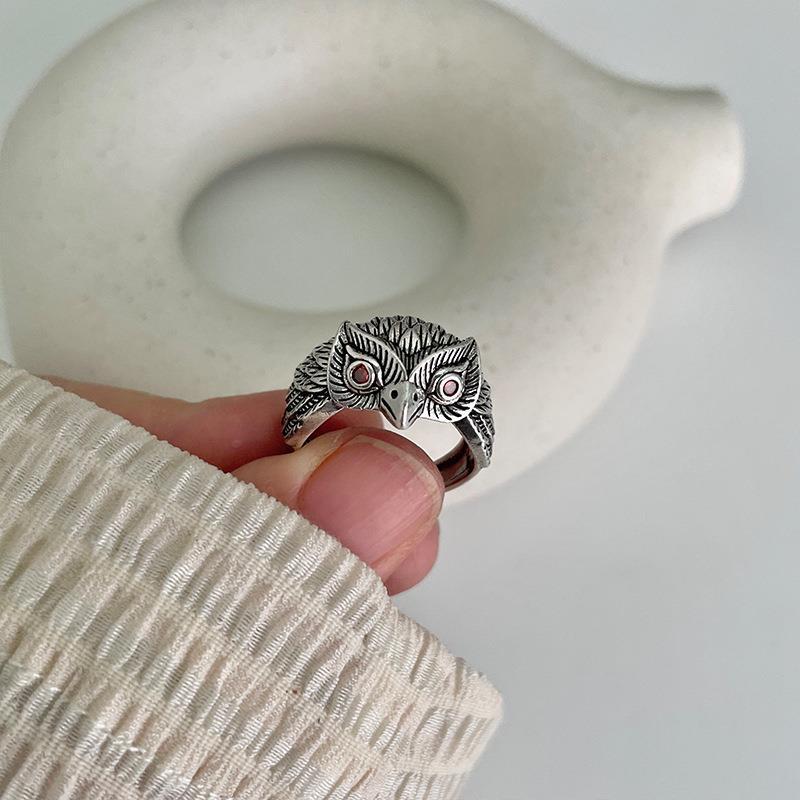 Buyee 925 Sterling Silver Big Ring Finger Cute Owl Open Ring for Women Man Fashion Animal Rock Punk Fine Jewelry Circle