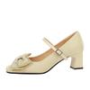 Thick Heel Medium Heel Single Shoes Women's Rhinestone Bow Versatile Satin One-word Buckle Strap Square Head Mary Jane Shoes