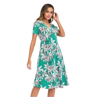 Damenmode Sommer Frühling Blumenmuster Druck Kurzarm V-Ausschnitt Hohe Taille Freizeitkleider