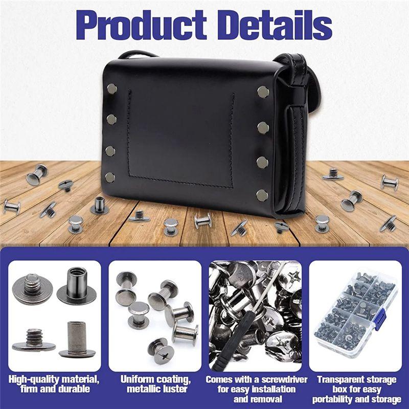Feb.150Sets Chicago Screws Assorted Kit 6 Sizes Round Flat Head Leather Rivets For Decorate Black